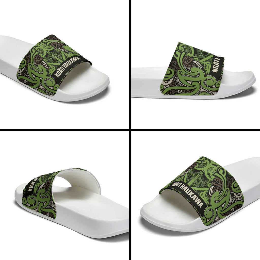 Aotearoa Iwi Ngati Raukawa Slide Sandals Maori Wharenui House Tribal Pattern