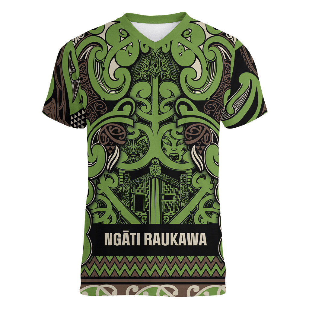 Aotearoa Iwi Ngati Raukawa Women V-Neck T-Shirt Maori Wharenui House Tribal Pattern
