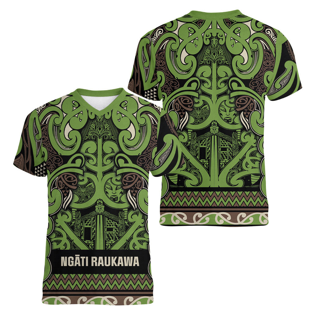 Aotearoa Iwi Ngati Raukawa Women V-Neck T-Shirt Maori Wharenui House Tribal Pattern