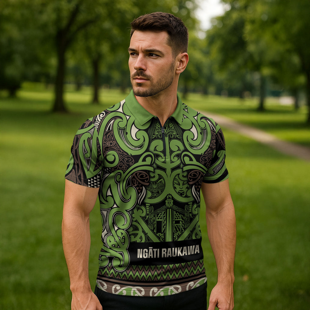 Aotearoa Iwi Ngati Raukawa Zipper Polo Shirt Maori Wharenui House Tribal Pattern