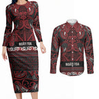Aotearoa Iwi Ngati Toa Couples Matching Long Sleeve Bodycon Dress and Long Sleeve Button Shirt Maori Wharenui House Tribal Pattern