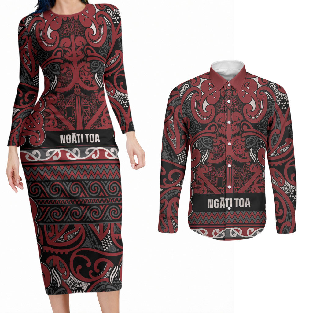 Aotearoa Iwi Ngati Toa Couples Matching Long Sleeve Bodycon Dress and Long Sleeve Button Shirt Maori Wharenui House Tribal Pattern