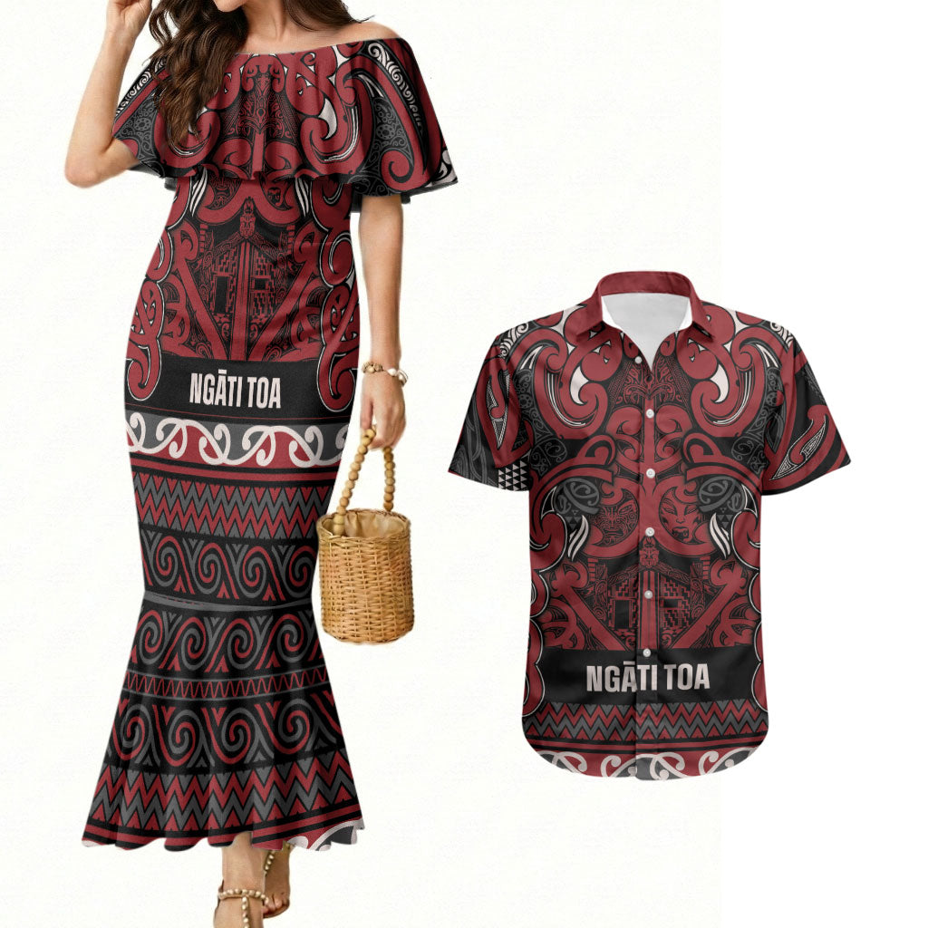 Aotearoa Iwi Ngati Toa Couples Matching Mermaid Dress and Hawaiian Shirt Maori Wharenui House Tribal Pattern