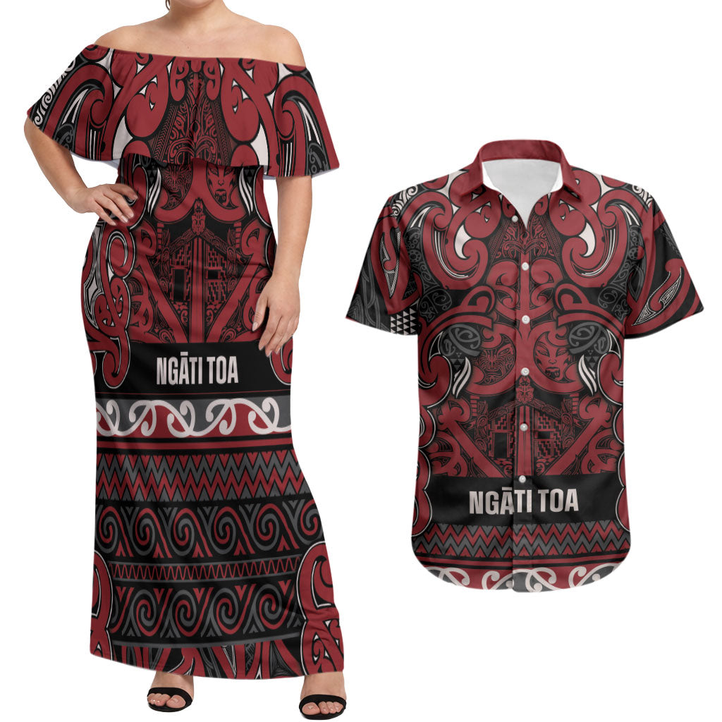 Aotearoa Iwi Ngati Toa Couples Matching Off Shoulder Maxi Dress and Hawaiian Shirt Maori Wharenui House Tribal Pattern