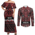 Aotearoa Iwi Ngati Toa Couples Matching Off Shoulder Maxi Dress and Long Sleeve Button Shirt Maori Wharenui House Tribal Pattern