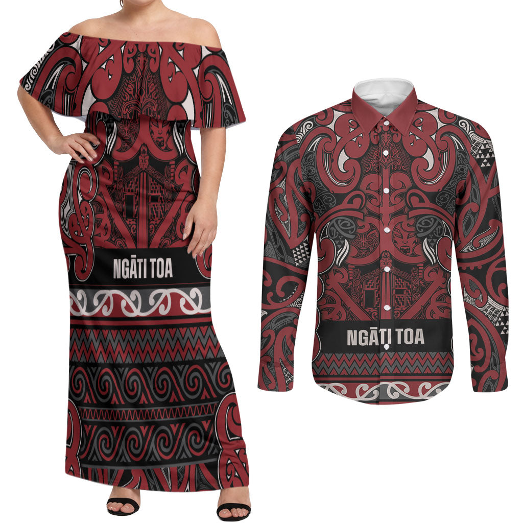 Aotearoa Iwi Ngati Toa Couples Matching Off Shoulder Maxi Dress and Long Sleeve Button Shirt Maori Wharenui House Tribal Pattern