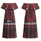 Aotearoa Iwi Ngati Toa Couples Matching Off Shoulder Maxi Dress and Long Sleeve Button Shirt Maori Wharenui House Tribal Pattern