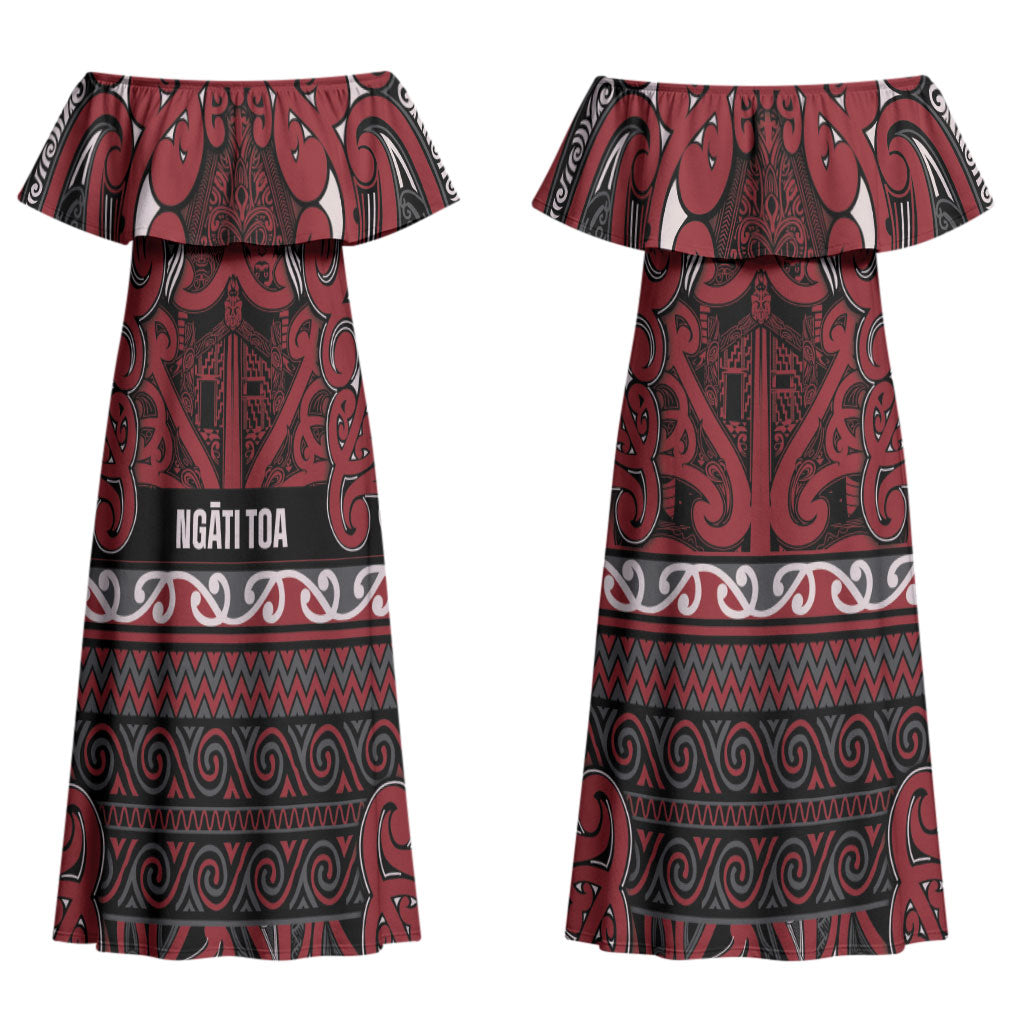Aotearoa Iwi Ngati Toa Couples Matching Off Shoulder Maxi Dress and Long Sleeve Button Shirt Maori Wharenui House Tribal Pattern