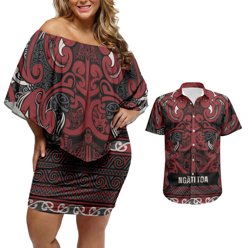 Aotearoa Iwi Ngati Toa Couples Matching Off Shoulder Short Dress and Hawaiian Shirt Maori Wharenui House Tribal Pattern