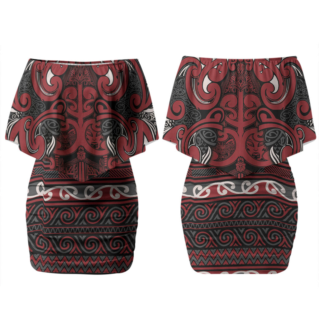 Aotearoa Iwi Ngati Toa Couples Matching Off Shoulder Short Dress and Hawaiian Shirt Maori Wharenui House Tribal Pattern