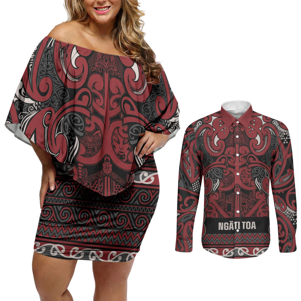 Aotearoa Iwi Ngati Toa Couples Matching Off Shoulder Short Dress and Long Sleeve Button Shirt Maori Wharenui House Tribal Pattern