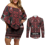 Aotearoa Iwi Ngati Toa Couples Matching Off Shoulder Short Dress and Long Sleeve Button Shirt Maori Wharenui House Tribal Pattern