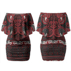 Aotearoa Iwi Ngati Toa Couples Matching Off Shoulder Short Dress and Long Sleeve Button Shirt Maori Wharenui House Tribal Pattern