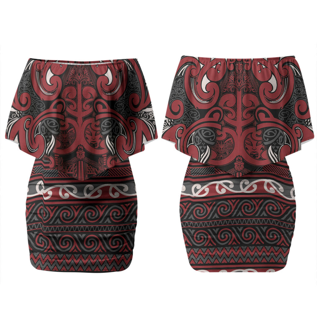 Aotearoa Iwi Ngati Toa Couples Matching Off Shoulder Short Dress and Long Sleeve Button Shirt Maori Wharenui House Tribal Pattern