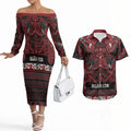 Aotearoa Iwi Ngati Toa Couples Matching Off The Shoulder Long Sleeve Dress and Hawaiian Shirt Maori Wharenui House Tribal Pattern