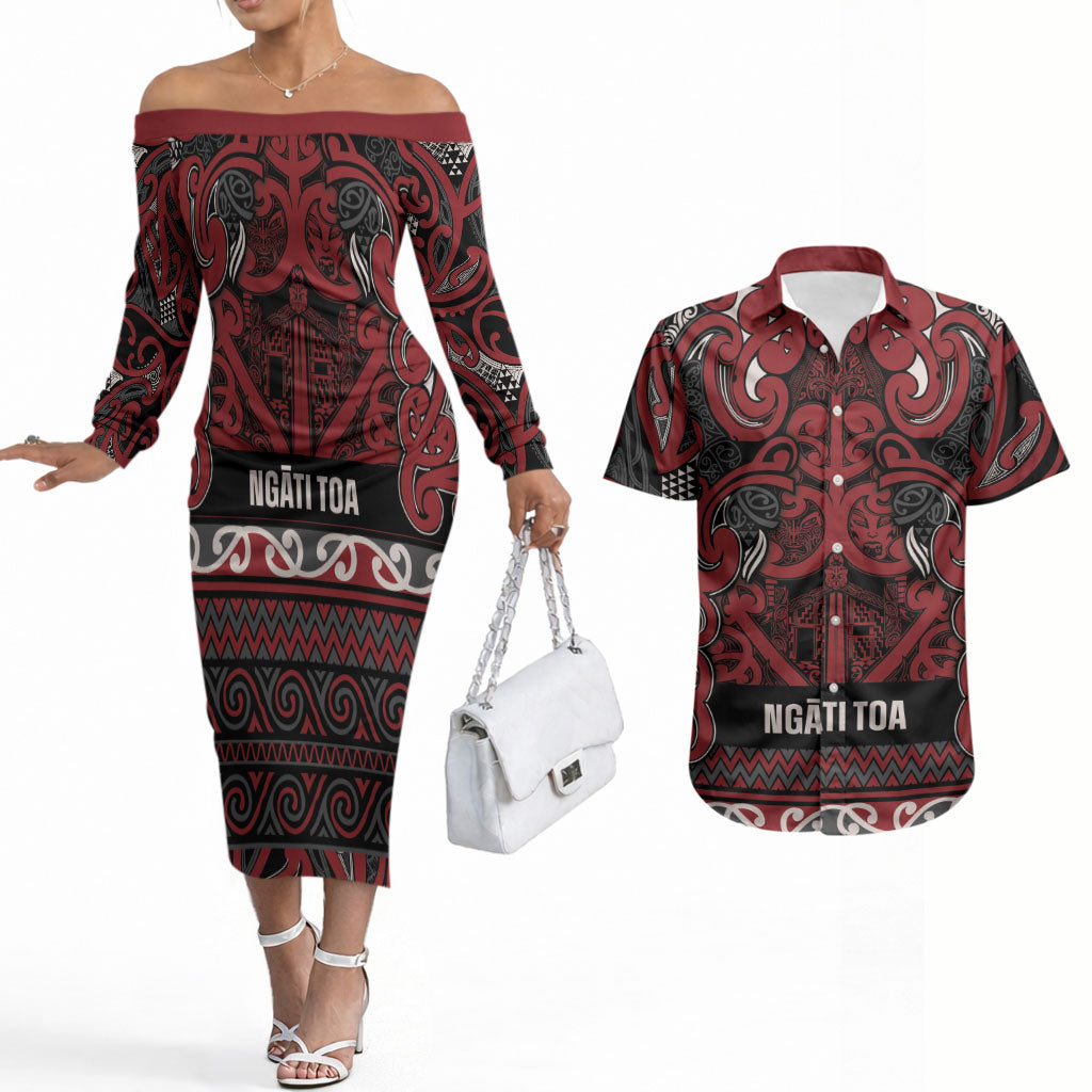 Aotearoa Iwi Ngati Toa Couples Matching Off The Shoulder Long Sleeve Dress and Hawaiian Shirt Maori Wharenui House Tribal Pattern