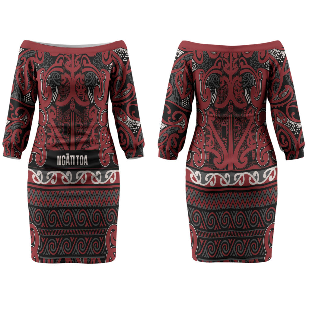 Aotearoa Iwi Ngati Toa Couples Matching Off The Shoulder Long Sleeve Dress and Hawaiian Shirt Maori Wharenui House Tribal Pattern