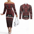 Aotearoa Iwi Ngati Toa Couples Matching Off The Shoulder Long Sleeve Dress and Long Sleeve Button Shirt Maori Wharenui House Tribal Pattern