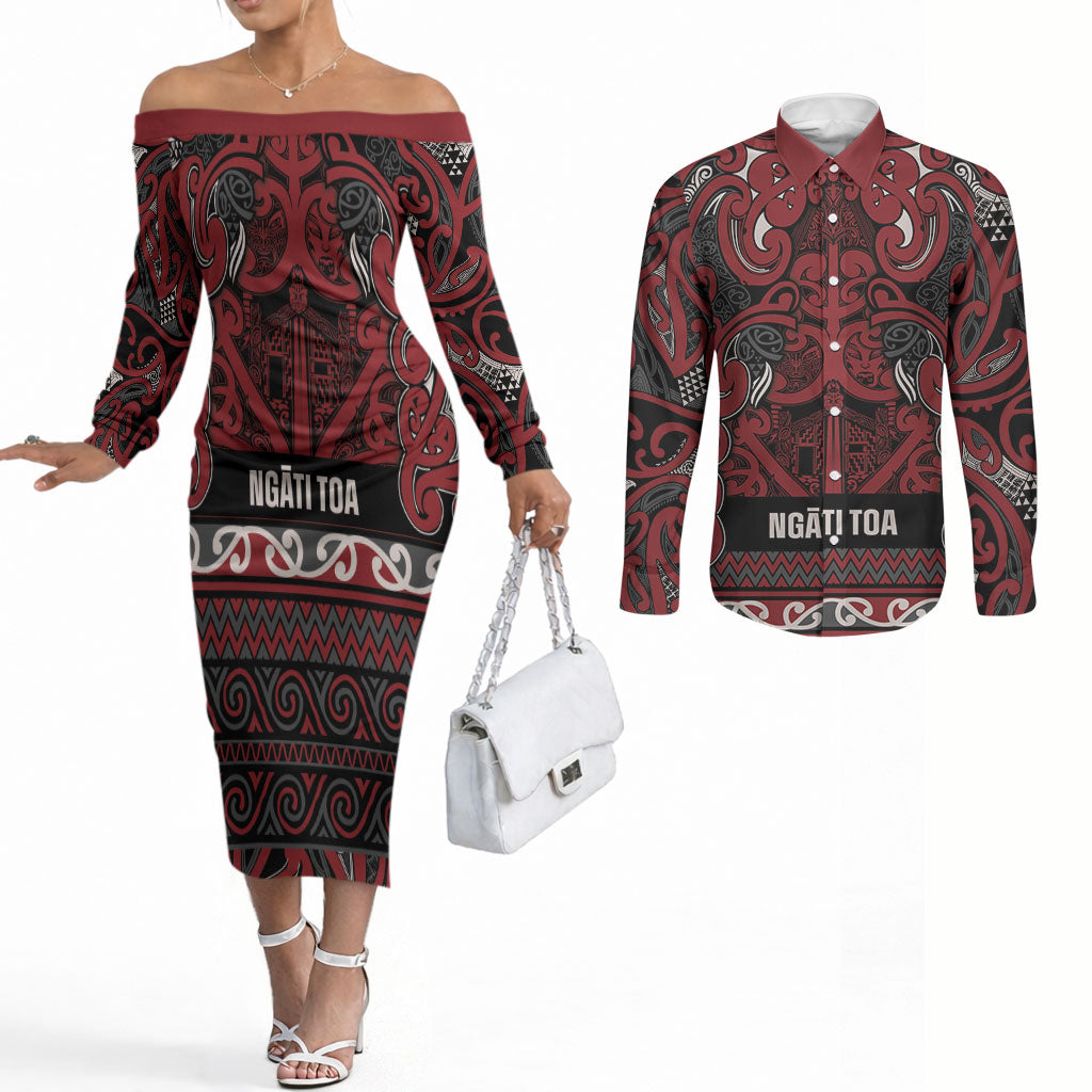 Aotearoa Iwi Ngati Toa Couples Matching Off The Shoulder Long Sleeve Dress and Long Sleeve Button Shirt Maori Wharenui House Tribal Pattern