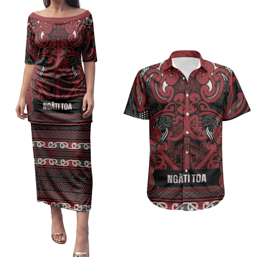 Aotearoa Iwi Ngati Toa Couples Matching Puletasi and Hawaiian Shirt Maori Wharenui House Tribal Pattern