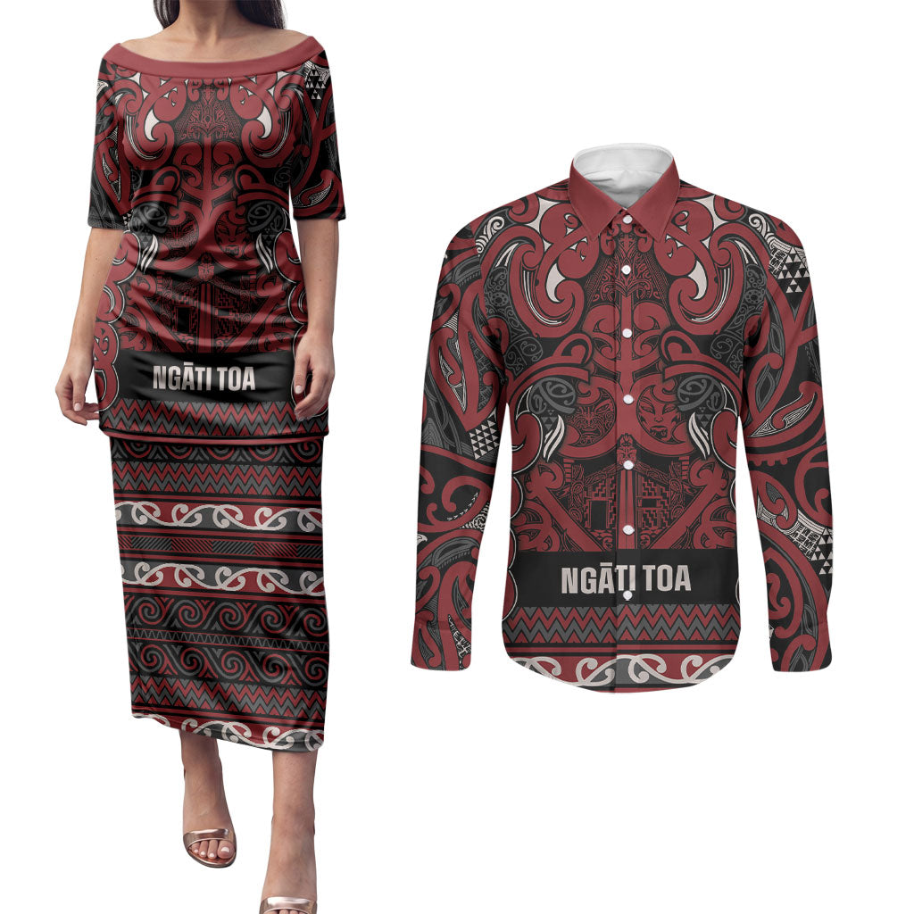 Aotearoa Iwi Ngati Toa Couples Matching Puletasi and Long Sleeve Button Shirt Maori Wharenui House Tribal Pattern