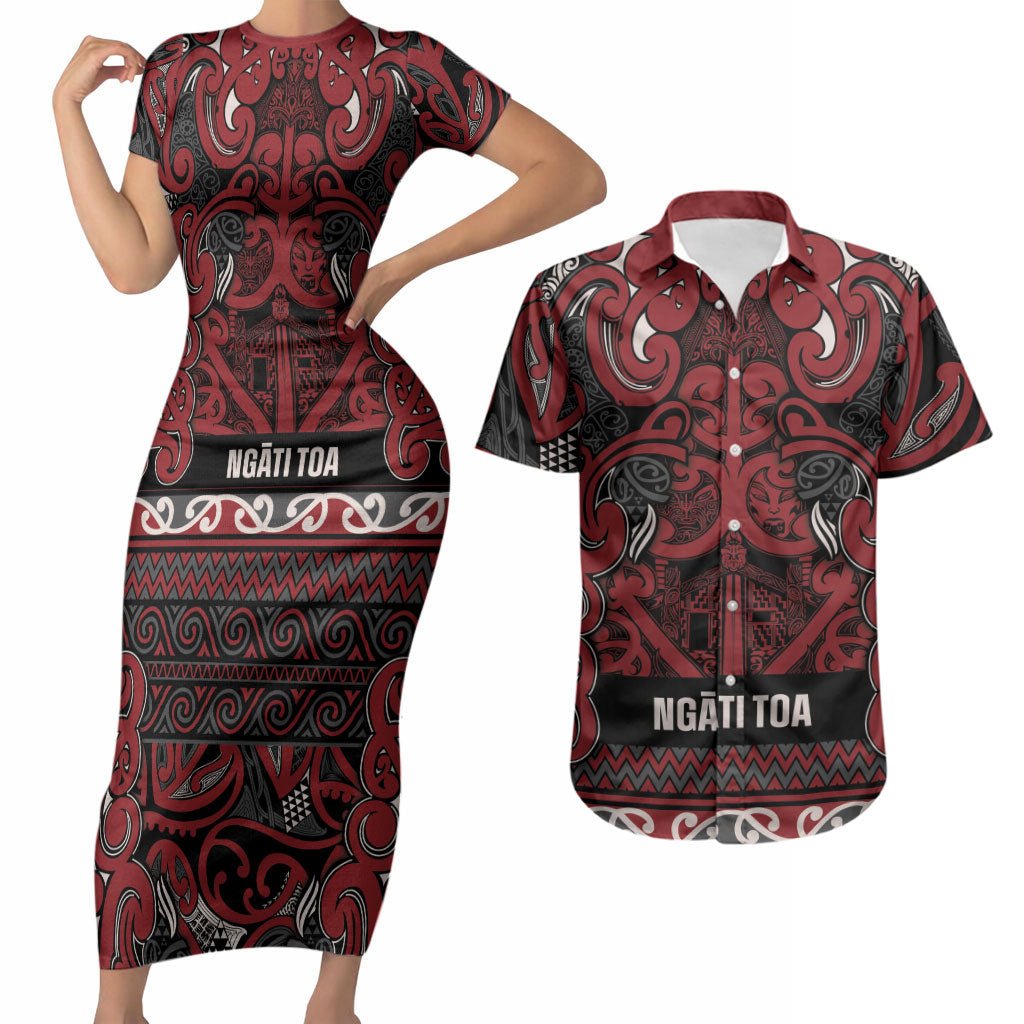 Aotearoa Iwi Ngati Toa Couples Matching Short Sleeve Bodycon Dress and Hawaiian Shirt Maori Wharenui House Tribal Pattern