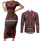 Aotearoa Iwi Ngati Toa Couples Matching Short Sleeve Bodycon Dress and Long Sleeve Button Shirt Maori Wharenui House Tribal Pattern