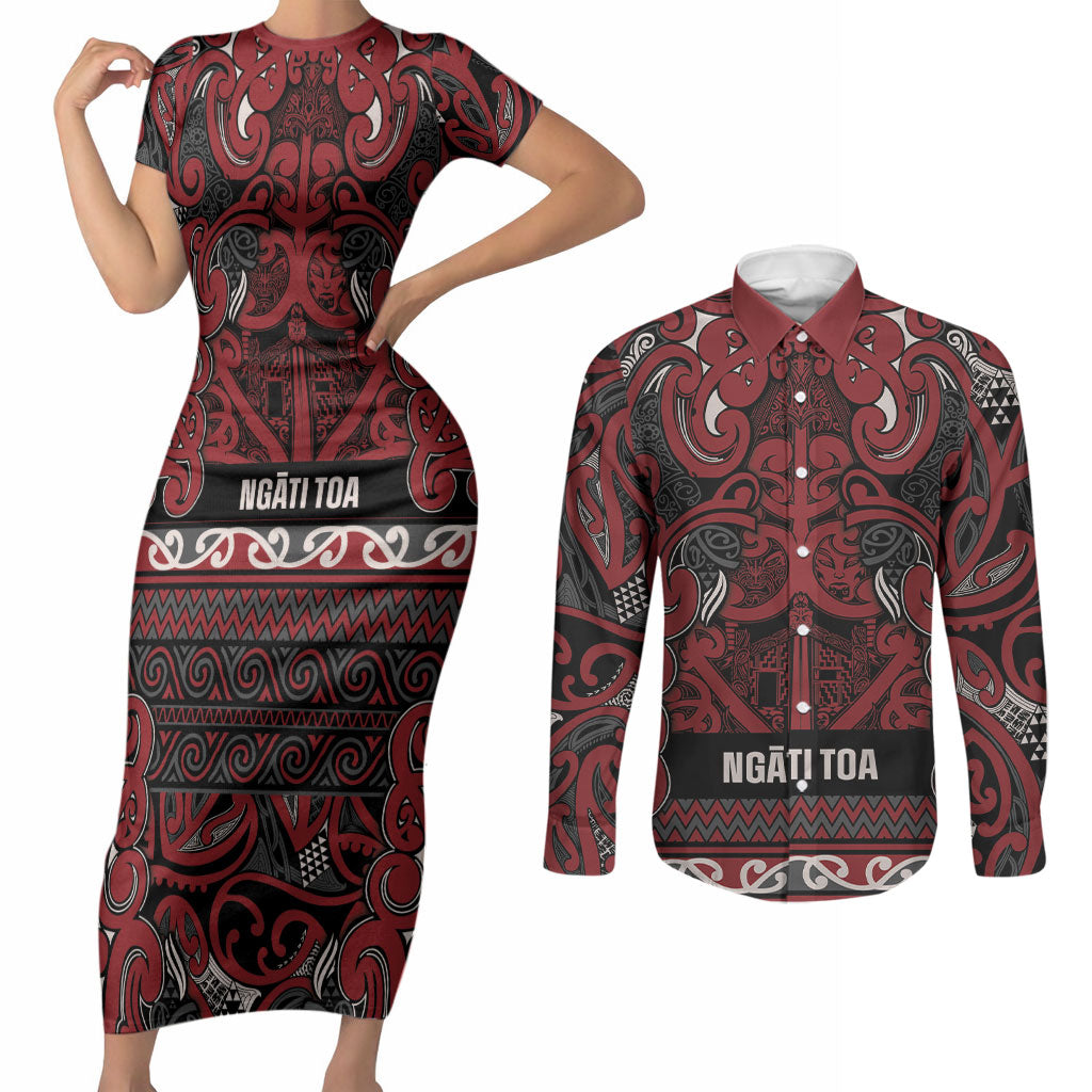 Aotearoa Iwi Ngati Toa Couples Matching Short Sleeve Bodycon Dress and Long Sleeve Button Shirt Maori Wharenui House Tribal Pattern