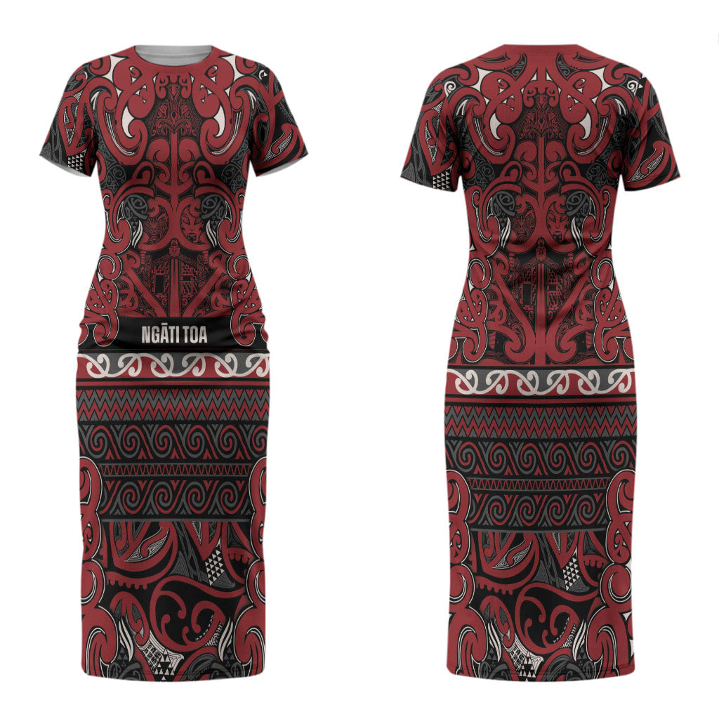Aotearoa Iwi Ngati Toa Couples Matching Short Sleeve Bodycon Dress and Long Sleeve Button Shirt Maori Wharenui House Tribal Pattern