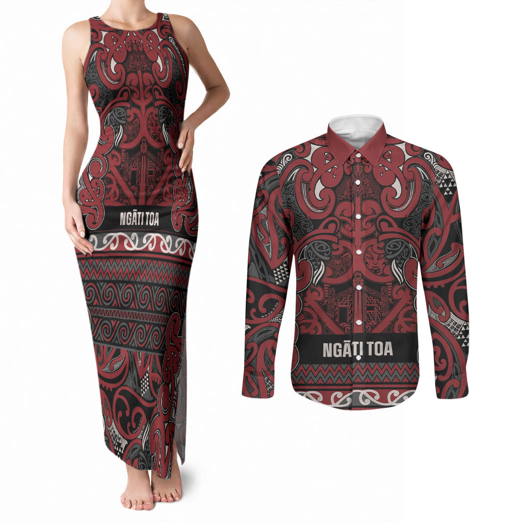 Aotearoa Iwi Ngati Toa Couples Matching Tank Maxi Dress and Long Sleeve Button Shirt Maori Wharenui House Tribal Pattern