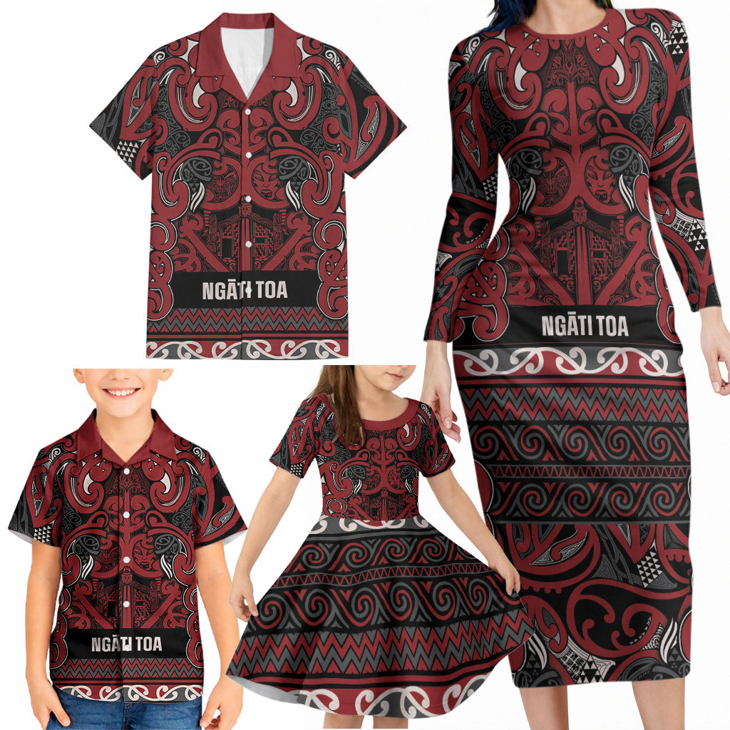Aotearoa Iwi Ngati Toa Family Matching Long Sleeve Bodycon Dress and Hawaiian Shirt Maori Wharenui House Tribal Pattern