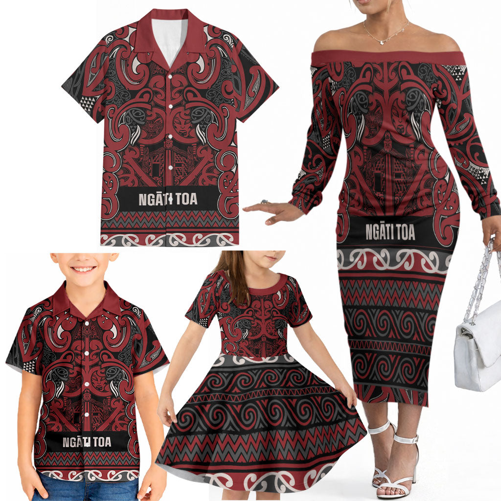 Aotearoa Iwi Ngati Toa Family Matching Off The Shoulder Long Sleeve Dress and Hawaiian Shirt Maori Wharenui House Tribal Pattern