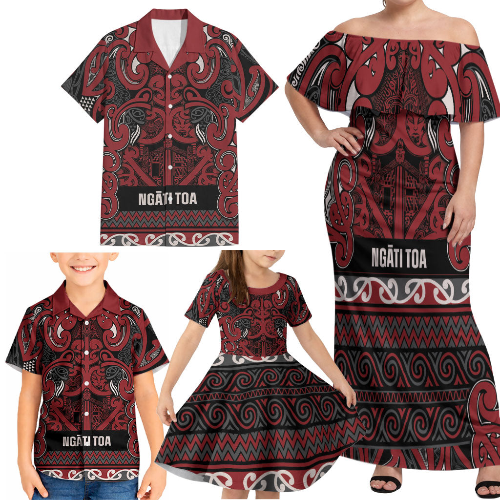 Aotearoa Iwi Ngati Toa Family Matching Off Shoulder Maxi Dress and Hawaiian Shirt Maori Wharenui House Tribal Pattern