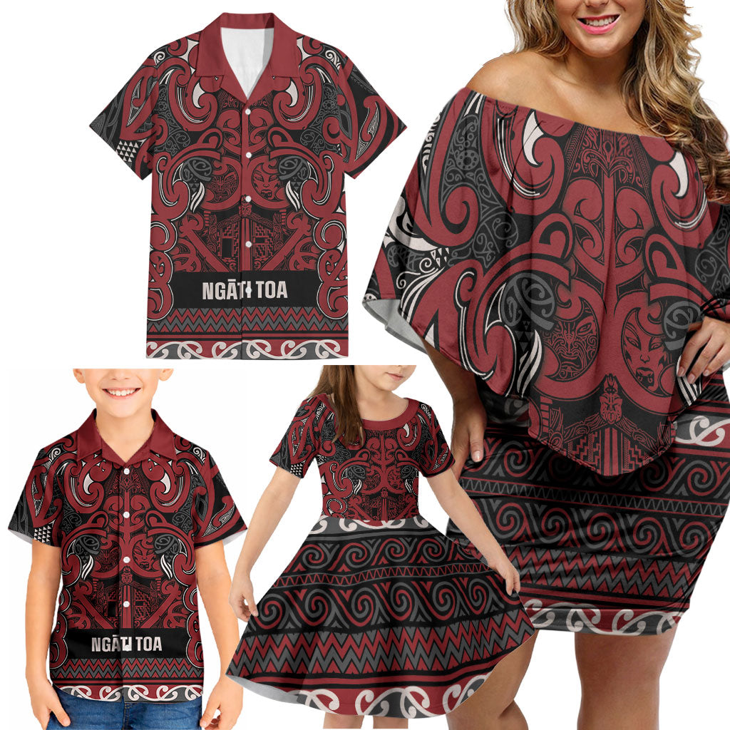 Aotearoa Iwi Ngati Toa Family Matching Off Shoulder Short Dress and Hawaiian Shirt Maori Wharenui House Tribal Pattern