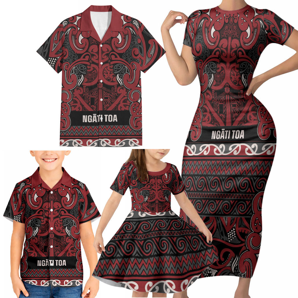 Aotearoa Iwi Ngati Toa Family Matching Short Sleeve Bodycon Dress and Hawaiian Shirt Maori Wharenui House Tribal Pattern