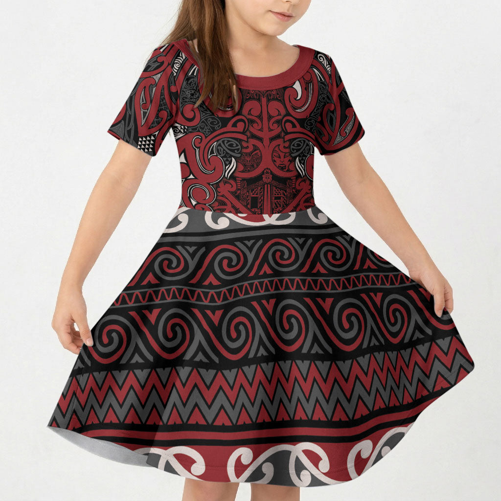 Aotearoa Iwi Ngati Toa Kid Short Sleeve Dress Maori Wharenui House Tribal Pattern