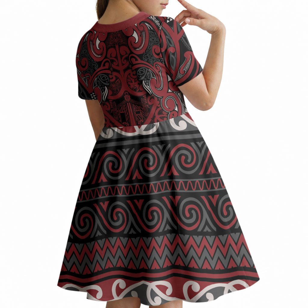 Aotearoa Iwi Ngati Toa Kid Short Sleeve Dress Maori Wharenui House Tribal Pattern