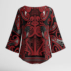 Aotearoa Iwi Ngati Toa Kimono Sleeve Blouse Maori Wharenui House Tribal Pattern