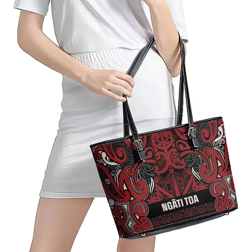 Aotearoa Iwi Ngati Toa Leather Tote Bag Maori Wharenui House Tribal Pattern