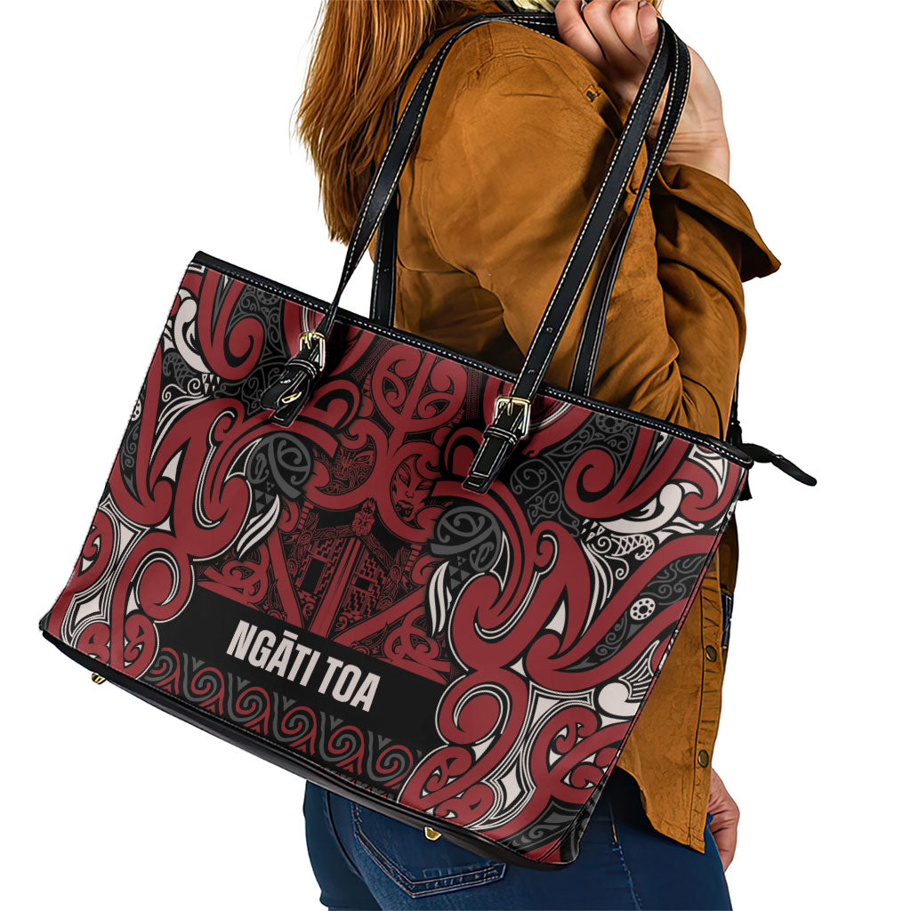 Aotearoa Iwi Ngati Toa Leather Tote Bag Maori Wharenui House Tribal Pattern
