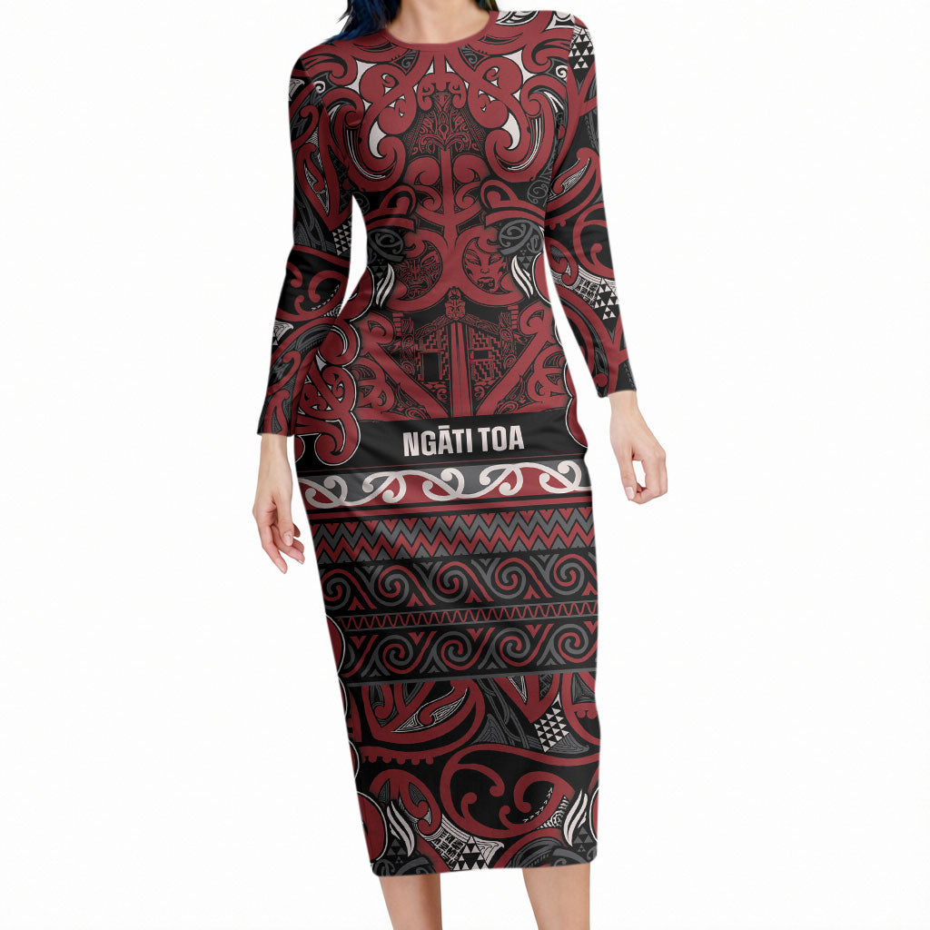 Aotearoa Iwi Ngati Toa Long Sleeve Bodycon Dress Maori Wharenui House Tribal Pattern