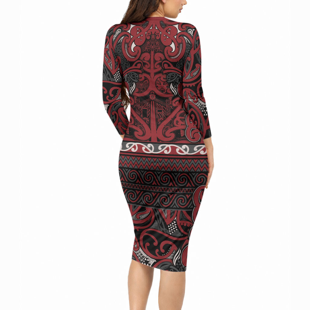 Aotearoa Iwi Ngati Toa Long Sleeve Bodycon Dress Maori Wharenui House Tribal Pattern
