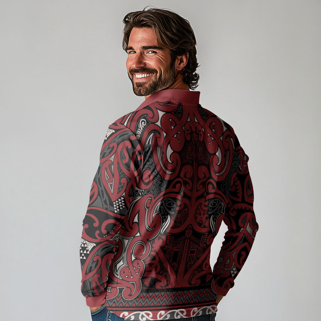 Aotearoa Iwi Ngati Toa Long Sleeve Polo Shirt Maori Wharenui House Tribal Pattern
