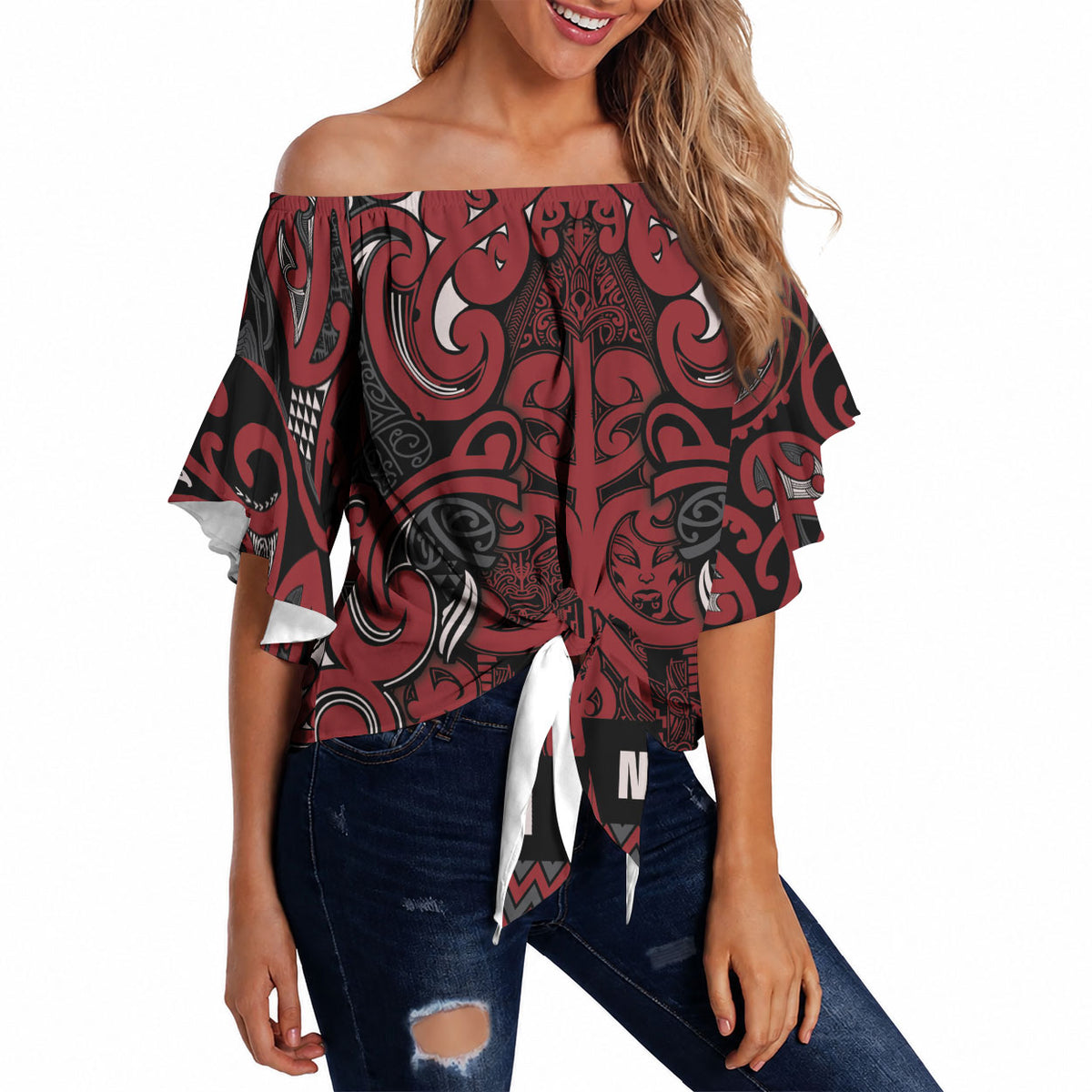 Aotearoa Iwi Ngati Toa Off Shoulder Wrap Waist Top Maori Wharenui House Tribal Pattern