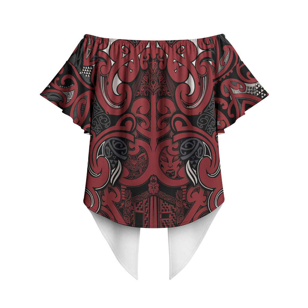 Aotearoa Iwi Ngati Toa Off Shoulder Wrap Waist Top Maori Wharenui House Tribal Pattern