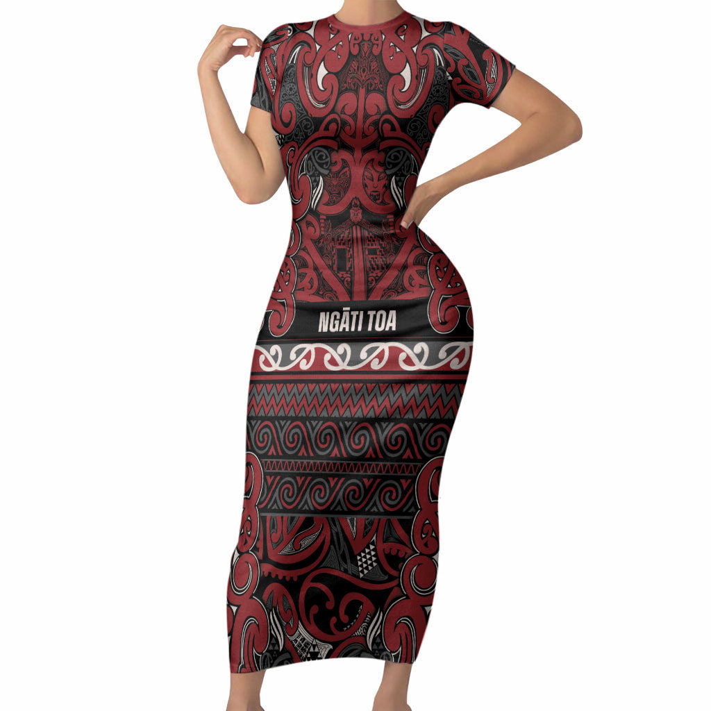 Aotearoa Iwi Ngati Toa Short Sleeve Bodycon Dress Maori Wharenui House Tribal Pattern