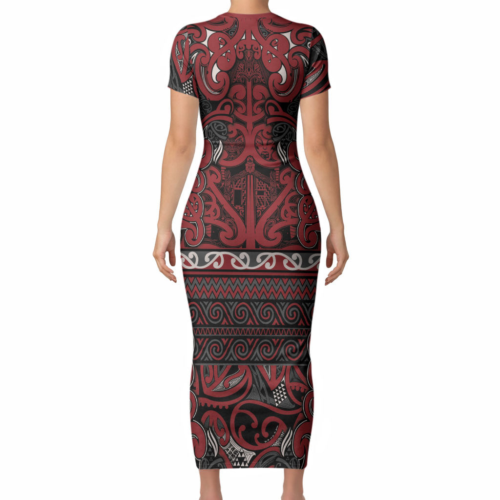 Aotearoa Iwi Ngati Toa Short Sleeve Bodycon Dress Maori Wharenui House Tribal Pattern