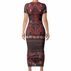 Aotearoa Iwi Ngati Toa Short Sleeve Bodycon Dress Maori Wharenui House Tribal Pattern
