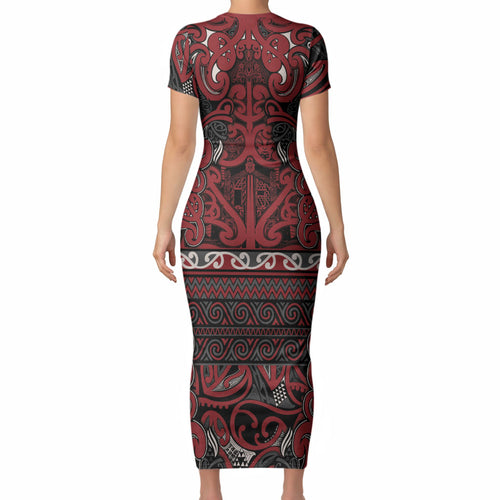 Aotearoa Iwi Ngati Toa Short Sleeve Bodycon Dress Maori Wharenui House Tribal Pattern