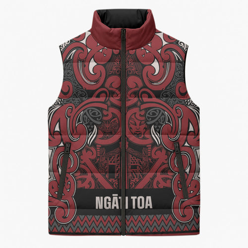 Aotearoa Iwi Ngati Toa Sleeveless Puffer Jacket Maori Wharenui House Tribal Pattern